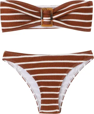 GORGLITTER Women's 2 Piece Strapless Swimsuit Striped Bandeau High Waisted Thong Bikini Set Bathing Suit