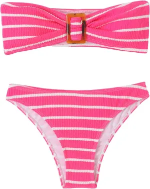 GORGLITTER Women's 2 Piece Strapless Swimsuit Striped Bandeau High Waisted Thong Bikini Set Bathing Suit