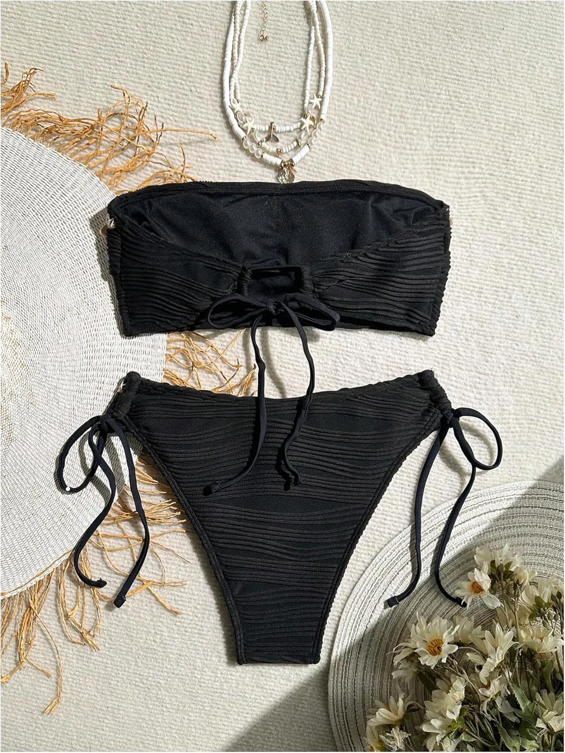 GORGLITTER Women's Shell Bikini Strapless Bandeau Swimsuit Drawstring High Cut Bathing Suits