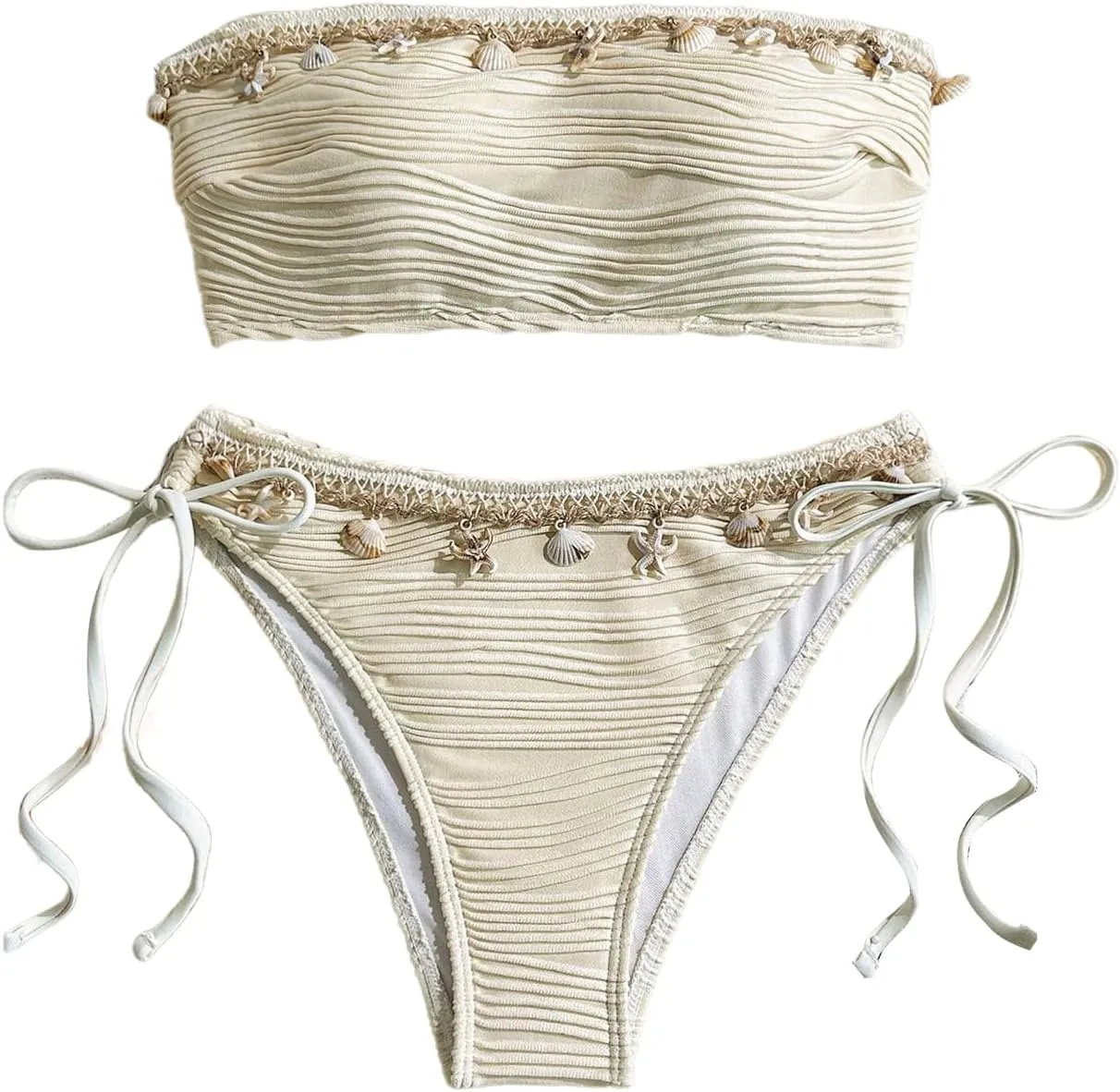 GORGLITTER Women's Shell Bikini Strapless Bandeau Swimsuit Drawstring High Cut Bathing Suits
