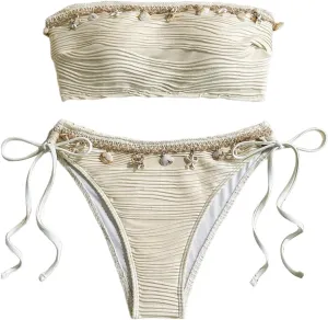GORGLITTER Women's Shell Bikini Strapless Bandeau Swimsuit Drawstring High Cut Bathing Suits