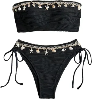 GORGLITTER Women's Shell Bikini Strapless Bandeau Swimsuit Drawstring High Cut Bathing Suits
