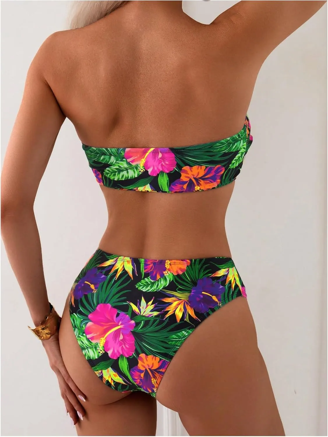 GORGLITTER Women's Strapless Bandeau Bikini Floral Tropical High Waisted Full Coverage Bathing Suits Swimsuit
