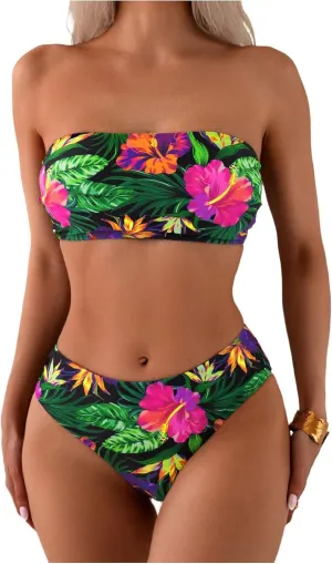 GORGLITTER Women's Strapless Bandeau Bikini Floral Tropical High Waisted Full Coverage Bathing Suits Swimsuit