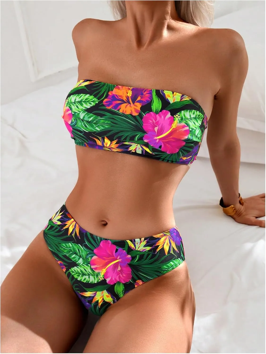 GORGLITTER Women's Strapless Bandeau Bikini Floral Tropical High Waisted Full Coverage Bathing Suits Swimsuit