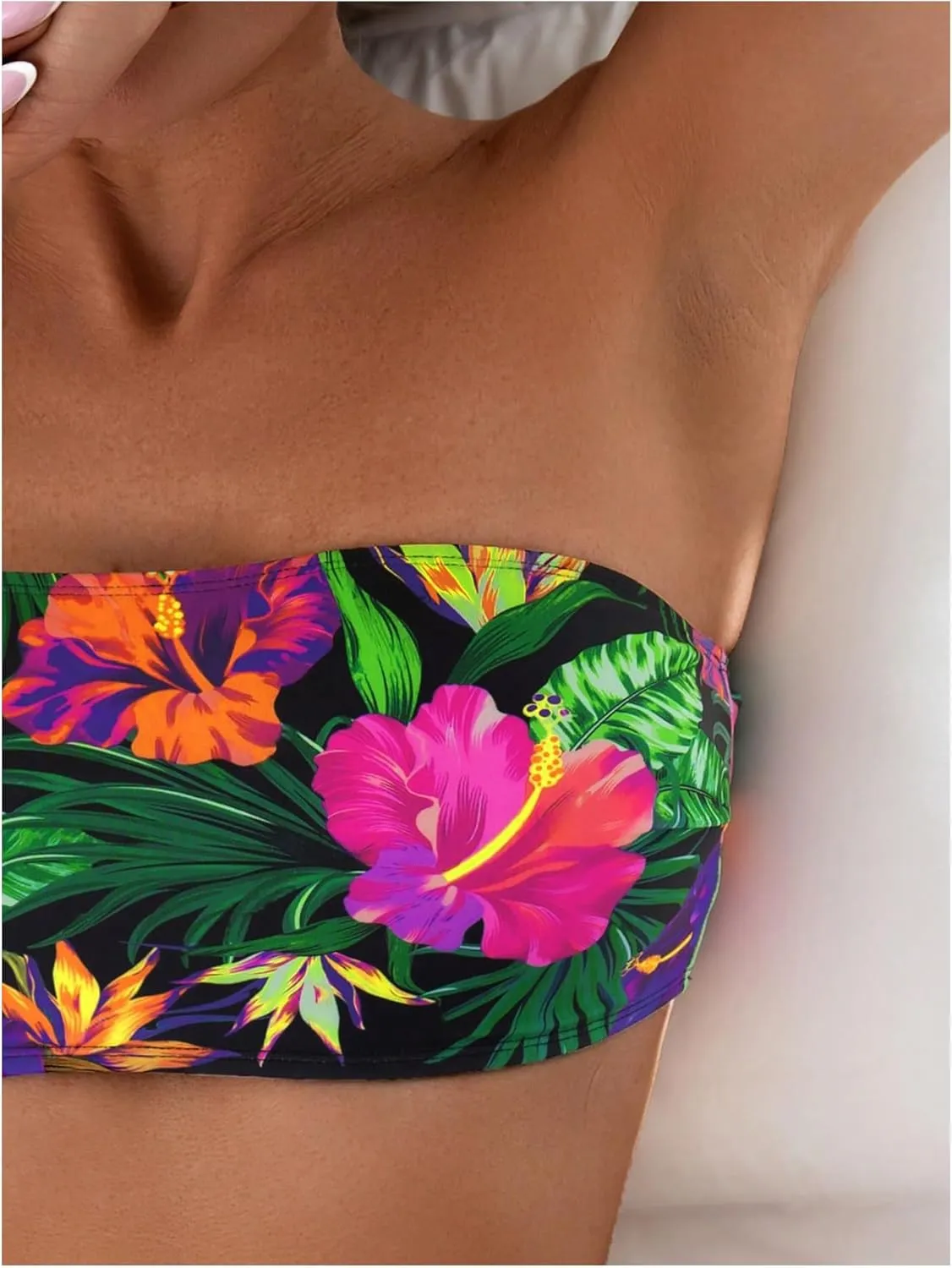 GORGLITTER Women's Strapless Bandeau Bikini Floral Tropical High Waisted Full Coverage Bathing Suits Swimsuit