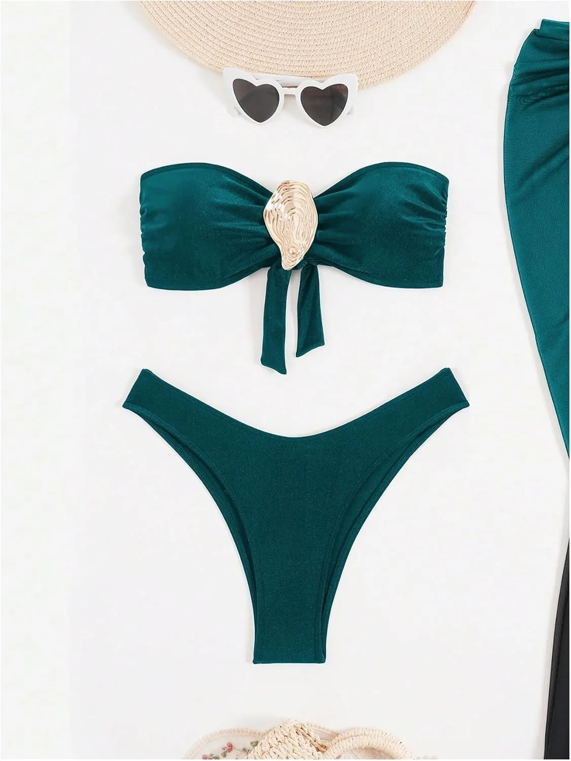 GORGLITTER Women's Strapless Bandeau Swimsuits High Waisted Bikini Sets with Metal Coverup Skirts 3 Piece Bathing Suits