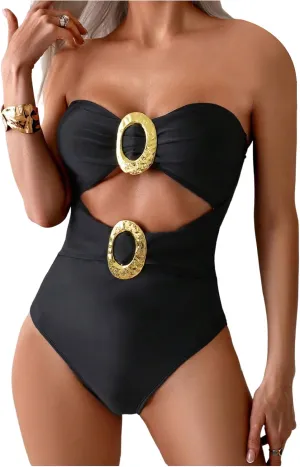 GORGLITTER Women's Strapless Metal One Pieces Swimsuits Modest Tummy Control Bathing Suit Cut Out Bandeau Monokini