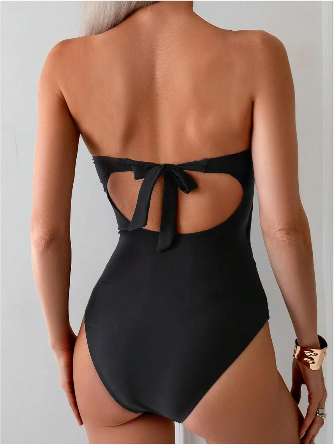 GORGLITTER Women's Strapless Metal One Pieces Swimsuits Modest Tummy Control Bathing Suit Cut Out Bandeau Monokini