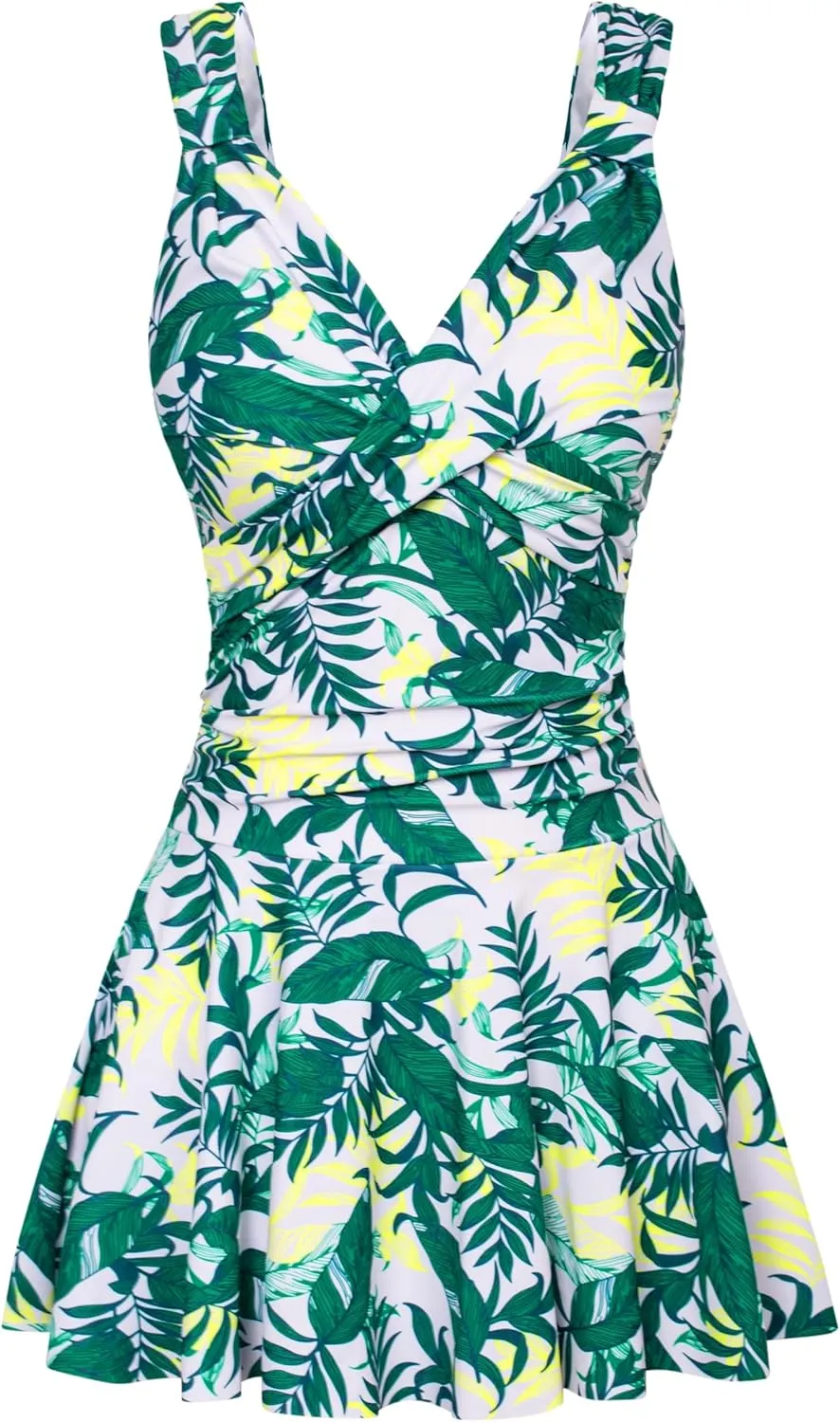 GRACE KARIN Women's One Piece Swimdress Tummy Control Bathing Suit V Neck Swimsuit Ruched Skirt Swimwear