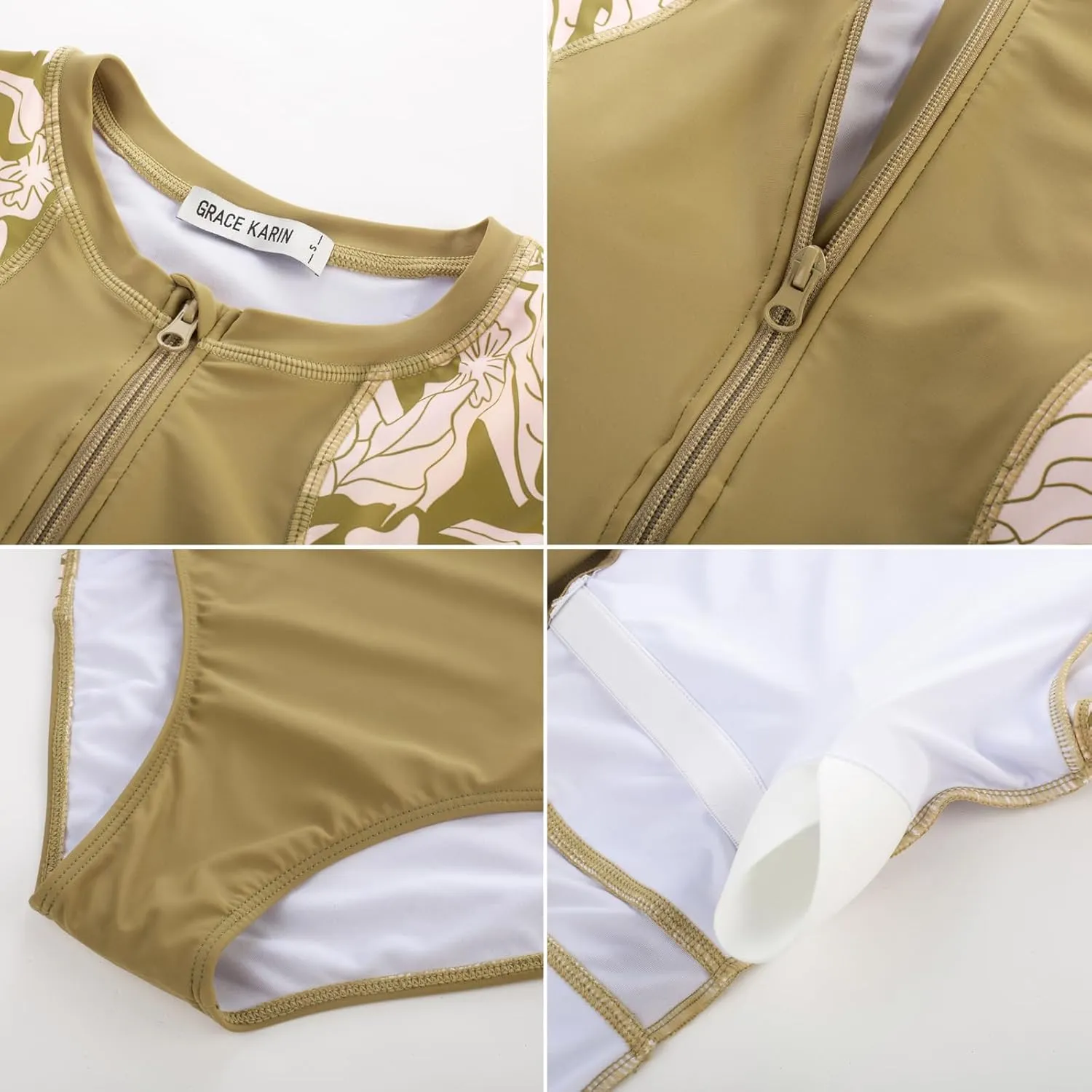 GRACE KARIN Women's Swimwear Rash Guard Short Sleeves Zip Front Round Neck One Piece Bathing Suit