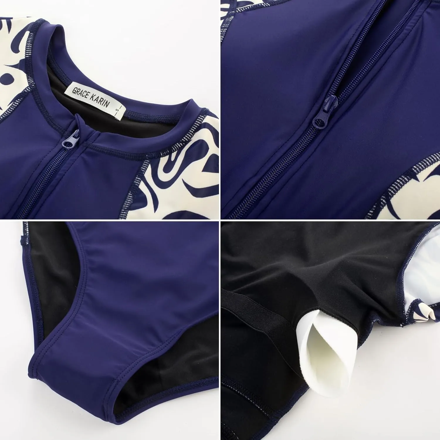 GRACE KARIN Women's Swimwear Rash Guard Short Sleeves Zip Front Round Neck One Piece Bathing Suit
