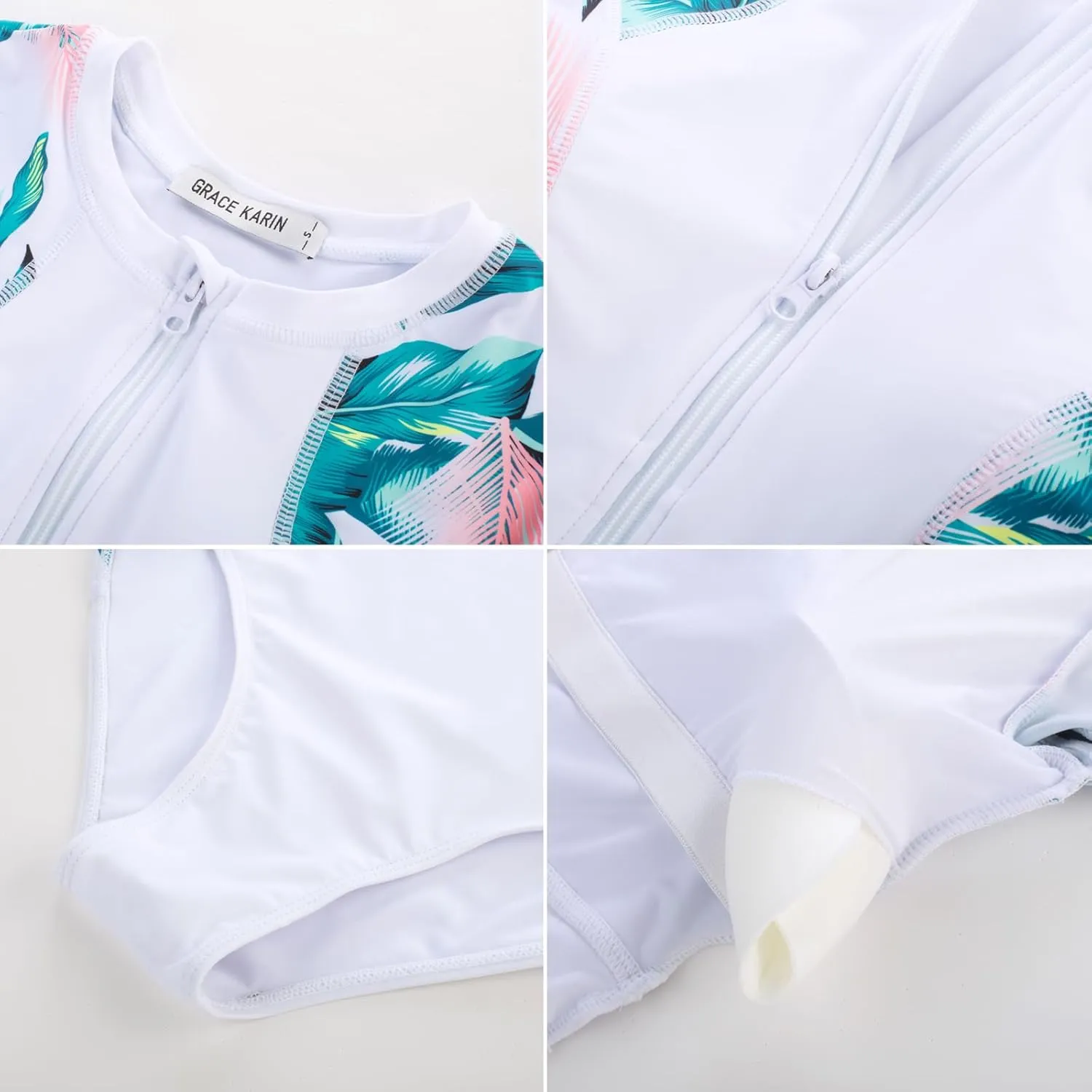 GRACE KARIN Women's Swimwear Rash Guard Short Sleeves Zip Front Round Neck One Piece Bathing Suit