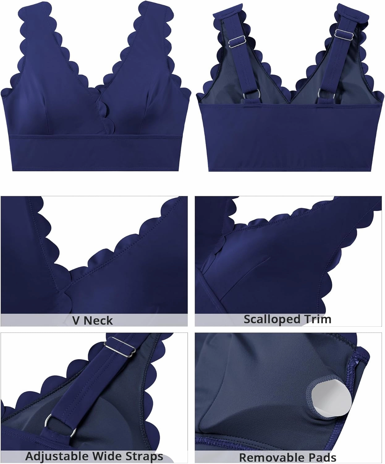 GRAPENT Bikini Tops for Women Scalloped Bathing Suit Beach Padded Adjustable Cropped Tankini Swimwear Swim Top Only