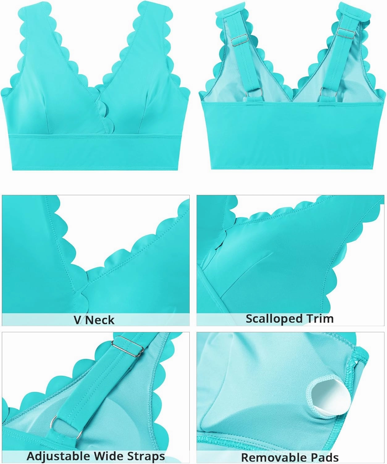 GRAPENT Bikini Tops for Women Scalloped Bathing Suit Beach Padded Adjustable Cropped Tankini Swimwear Swim Top Only