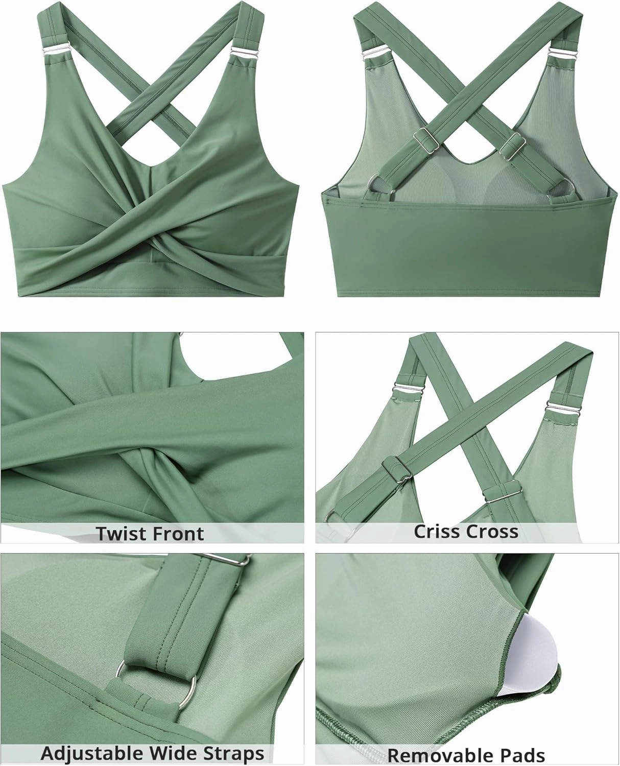 GRAPENT Bikini Tops for Women Twist Front Ruched Bathing Suit Adjustable Crisscross Back Cropped Tankini Swim Top Only