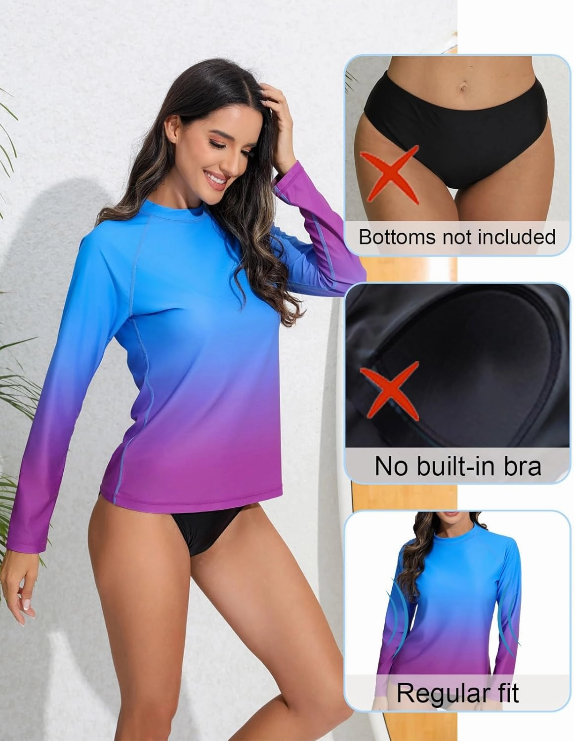 Halcurt Women's Long Sleeve Rash Guard Swim Top UPF50  SPF Sun Protection Swimsuit Quick Dry Bathing Suit