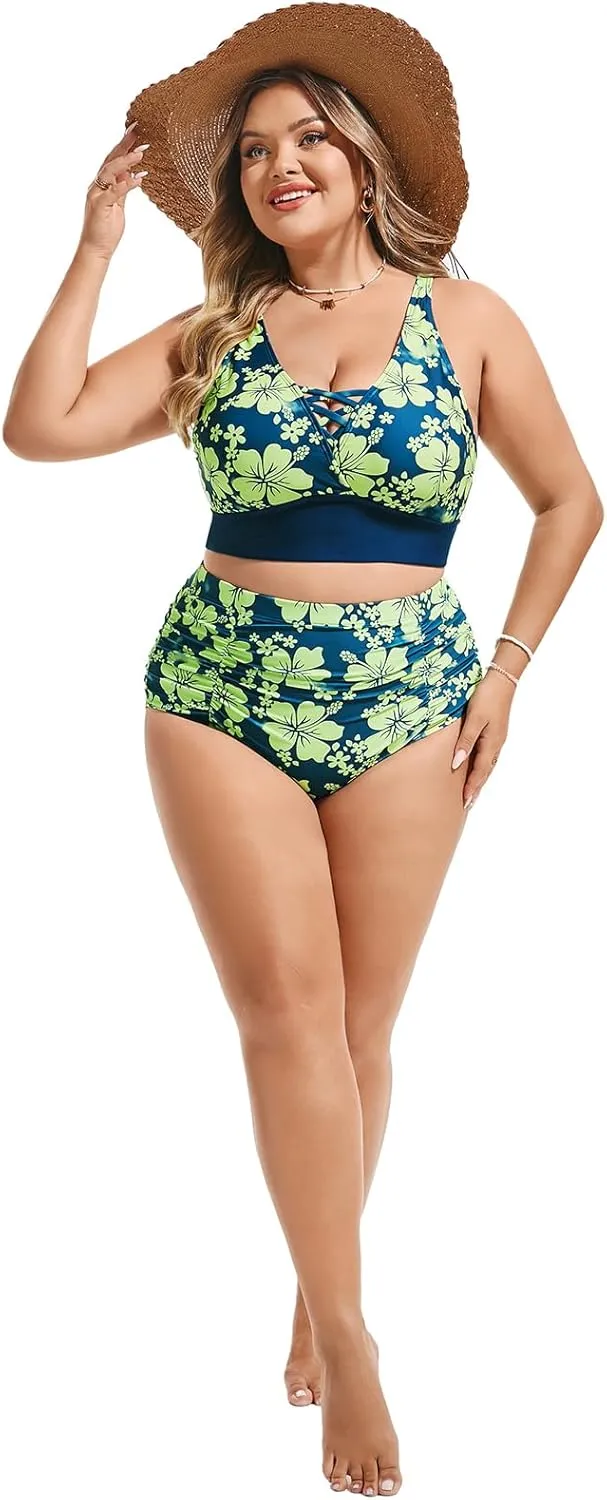 Hanna Nikole Bikini Sets for Women Plus Size Front Strappy Two Piece Bathing Suits High Waist Tummy Control Swimsuit
