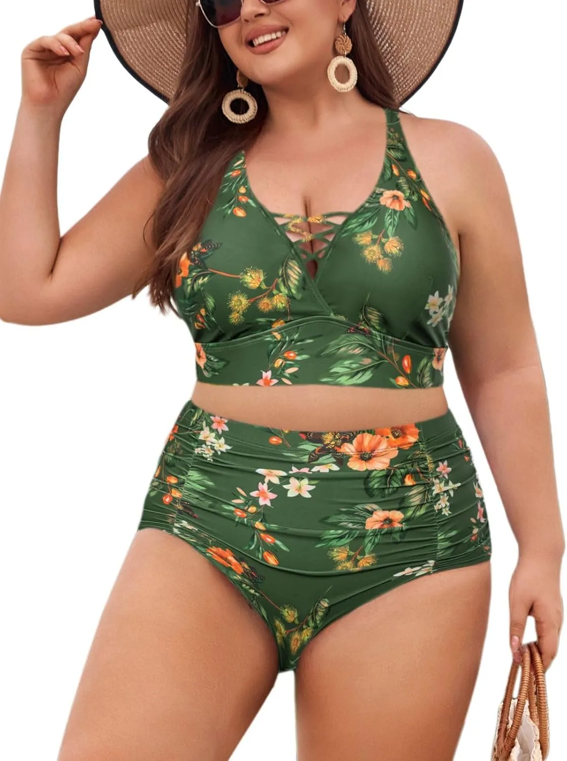 Hanna Nikole Bikini Sets for Women Plus Size Front Strappy Two Piece Bathing Suits High Waist Tummy Control Swimsuit