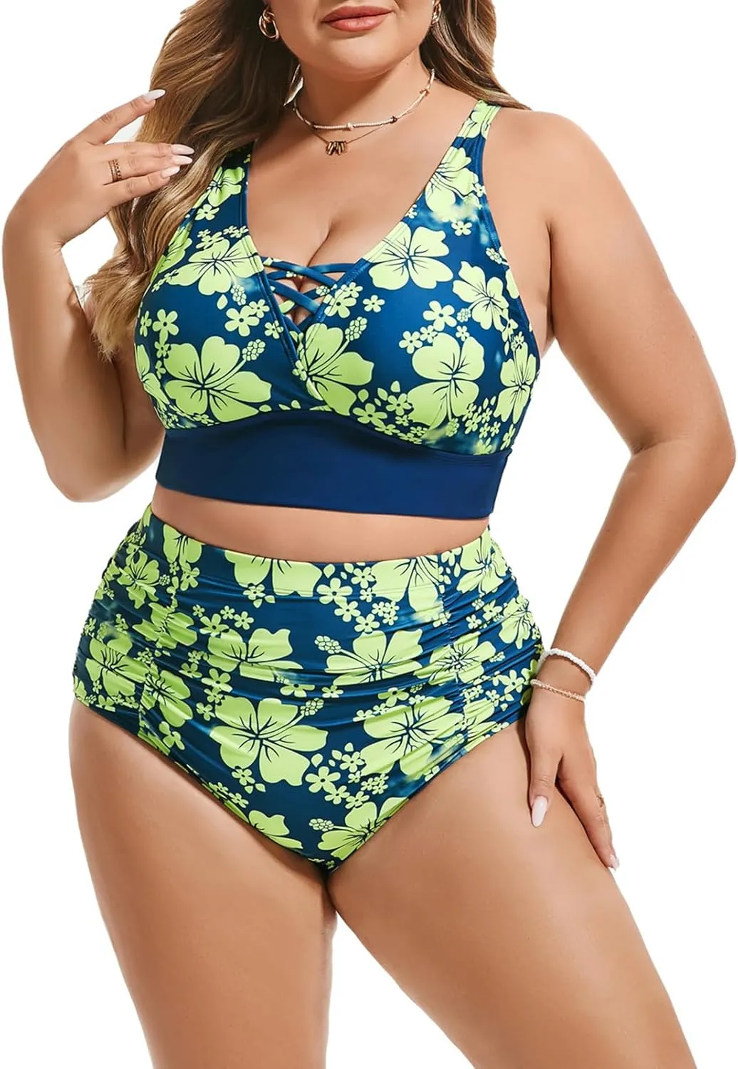 Hanna Nikole Bikini Sets for Women Plus Size Front Strappy Two Piece Bathing Suits High Waist Tummy Control Swimsuit