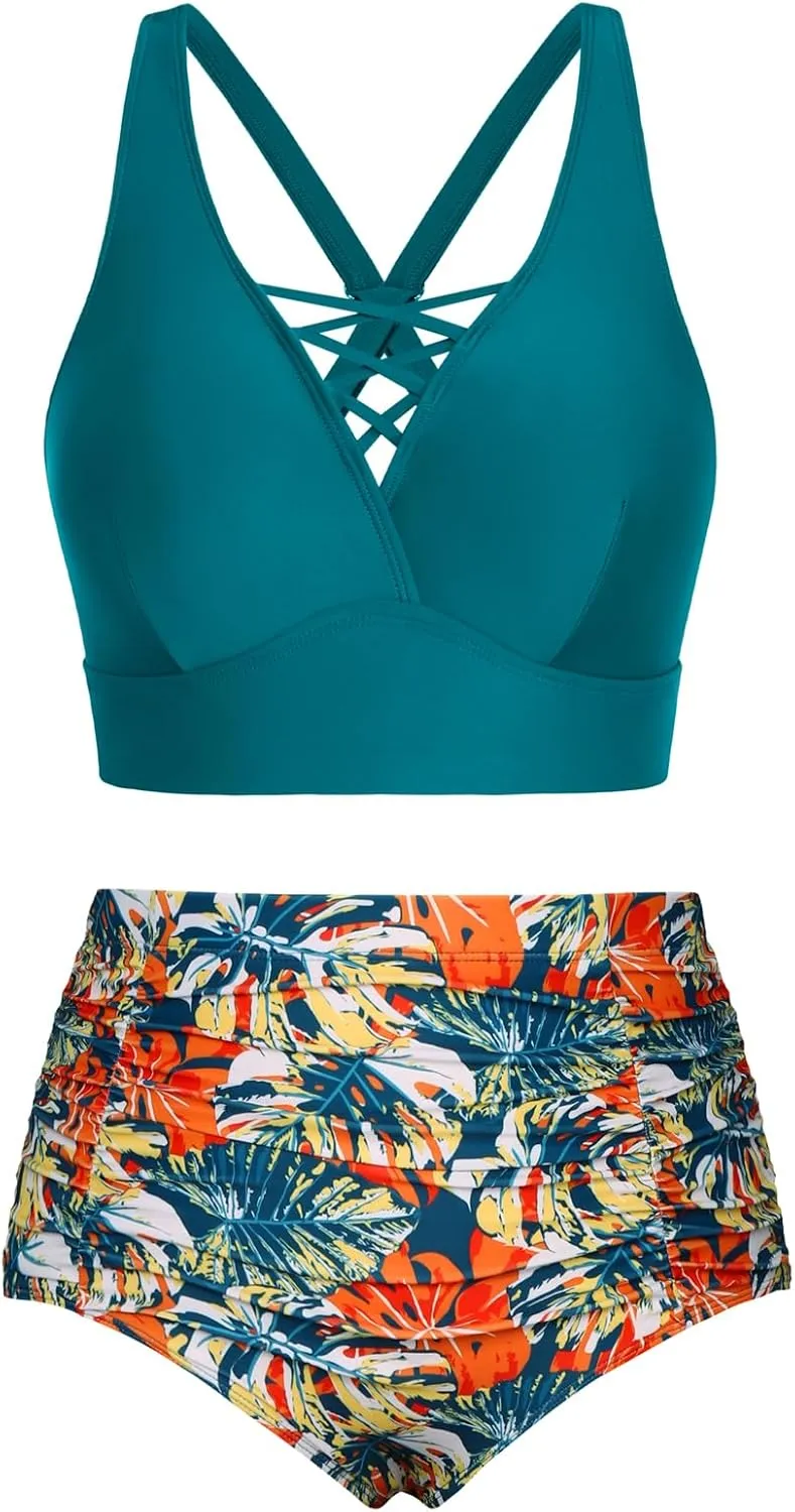 Hanna Nikole Bikini Sets for Women Plus Size Front Strappy Two Piece Bathing Suits High Waist Tummy Control Swimsuit
