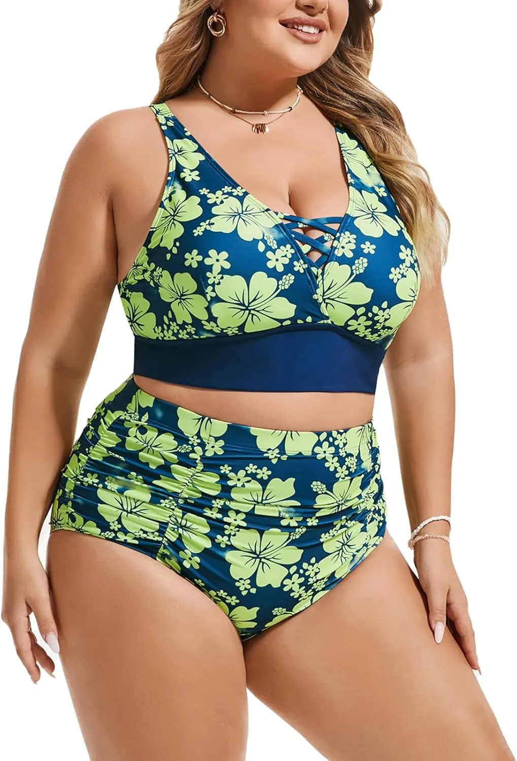 Hanna Nikole Bikini Sets for Women Plus Size Front Strappy Two Piece Bathing Suits High Waist Tummy Control Swimsuit
