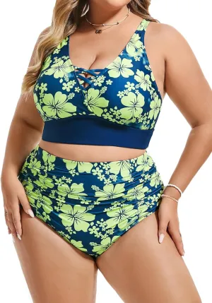 Hanna Nikole Bikini Sets for Women Plus Size Front Strappy Two Piece Bathing Suits High Waist Tummy Control Swimsuit