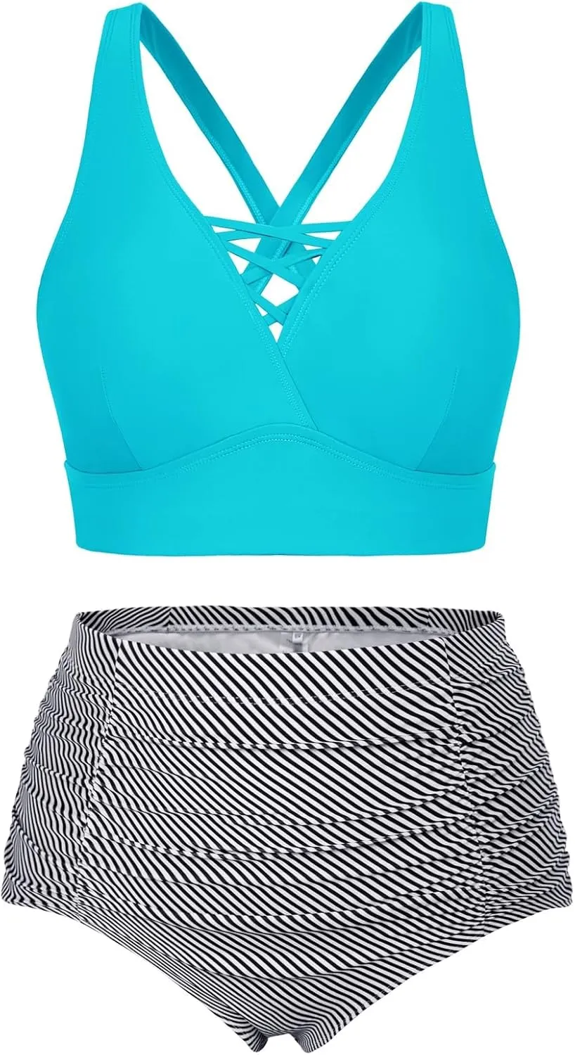 Hanna Nikole Bikini Sets for Women Plus Size Front Strappy Two Piece Bathing Suits High Waist Tummy Control Swimsuit