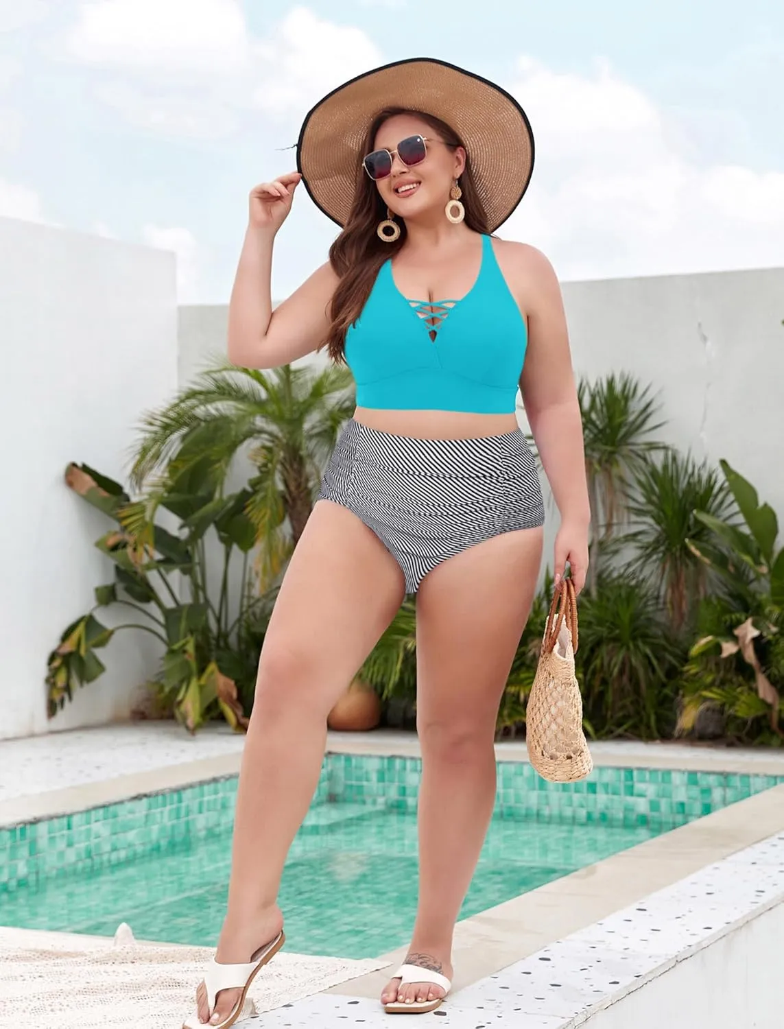 Hanna Nikole Bikini Sets for Women Plus Size Front Strappy Two Piece Bathing Suits High Waist Tummy Control Swimsuit