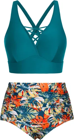 Hanna Nikole Bikini Sets for Women Plus Size Front Strappy Two Piece Bathing Suits High Waist Tummy Control Swimsuit