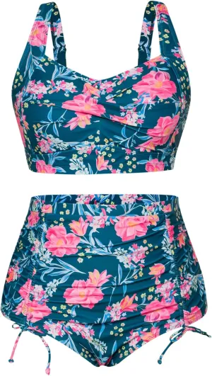 Hanna Nikole Women Plus Size Two Piece Swimsuit Sets Twist Front Bikini Bathing Suit with Drawstring Ruched Bottom