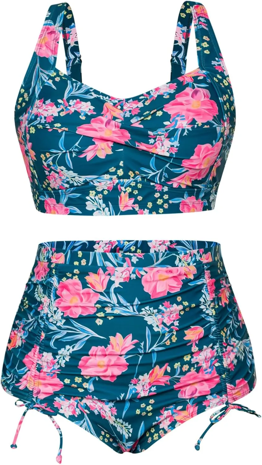 Hanna Nikole Women Plus Size Two Piece Swimsuit Sets Twist Front Bikini Bathing Suit with Drawstring Ruched Bottom