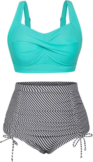 Hanna Nikole Women Plus Size Two Piece Swimsuit Sets Twist Front Bikini Bathing Suit with Drawstring Ruched Bottom