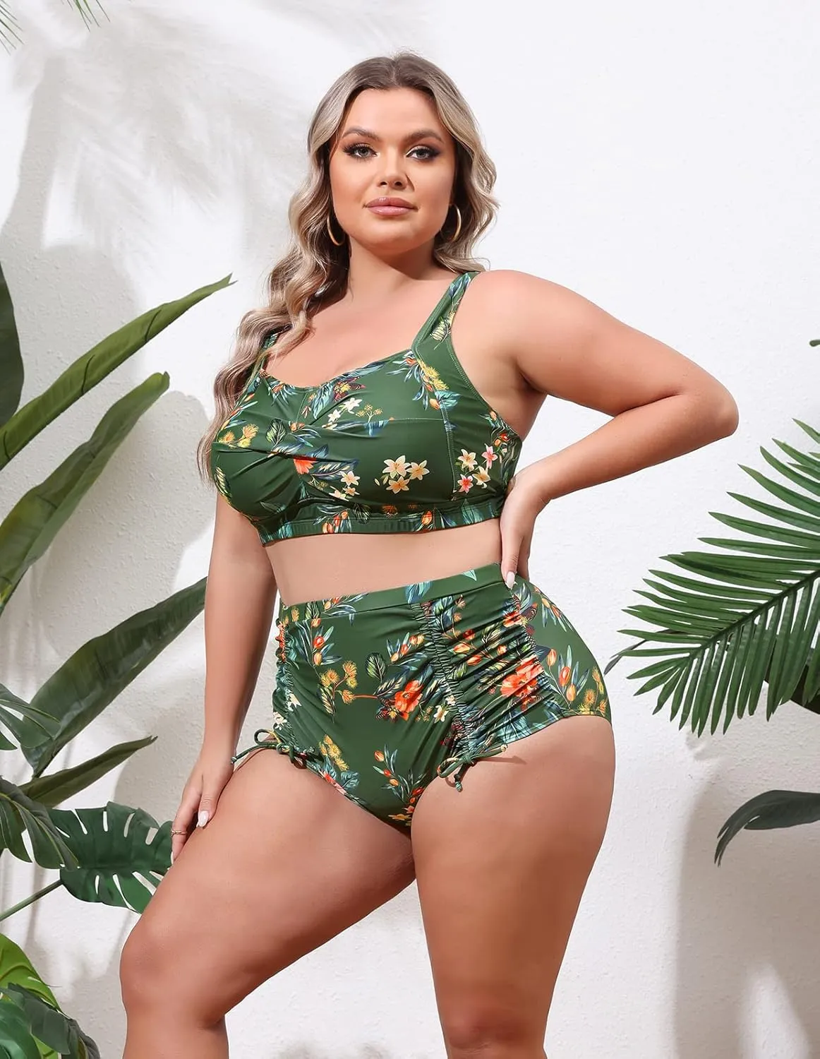 Hanna Nikole Women Plus Size Two Piece Swimsuit Sets Twist Front Bikini Bathing Suit with Drawstring Ruched Bottom