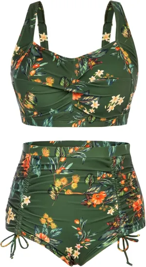 Hanna Nikole Women Plus Size Two Piece Swimsuit Sets Twist Front Bikini Bathing Suit with Drawstring Ruched Bottom