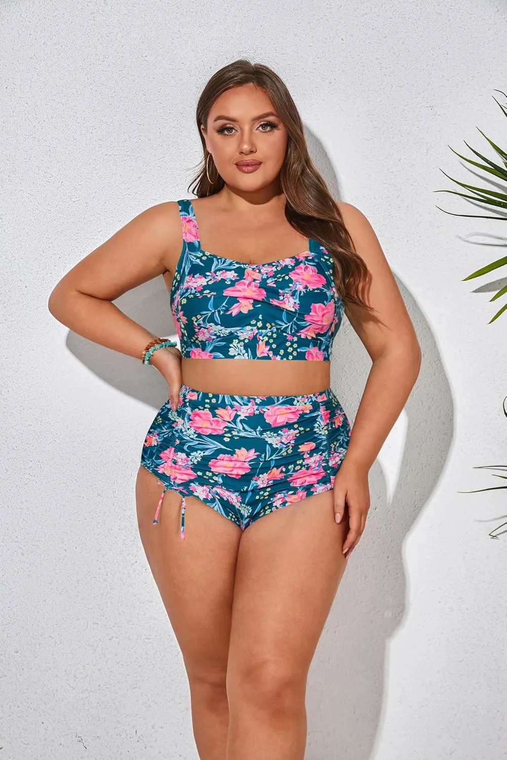 Hanna Nikole Women Plus Size Two Piece Swimsuit Sets Twist Front Bikini Bathing Suit with Drawstring Ruched Bottom