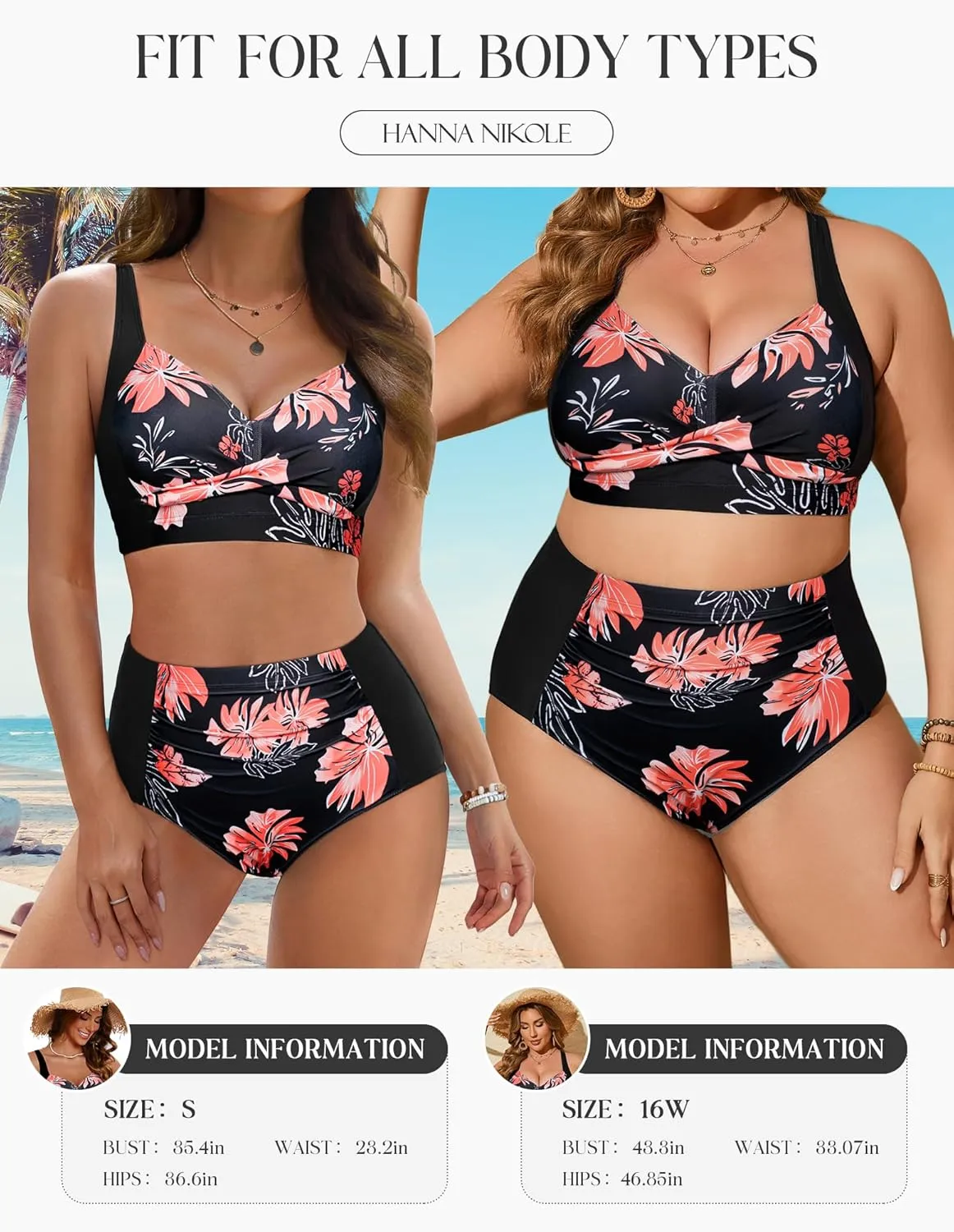 Hanna Nikole Womens High Waisted Bikini Sets Tummy Control Swimsuit Ruched Two Piece Bathing Suit
