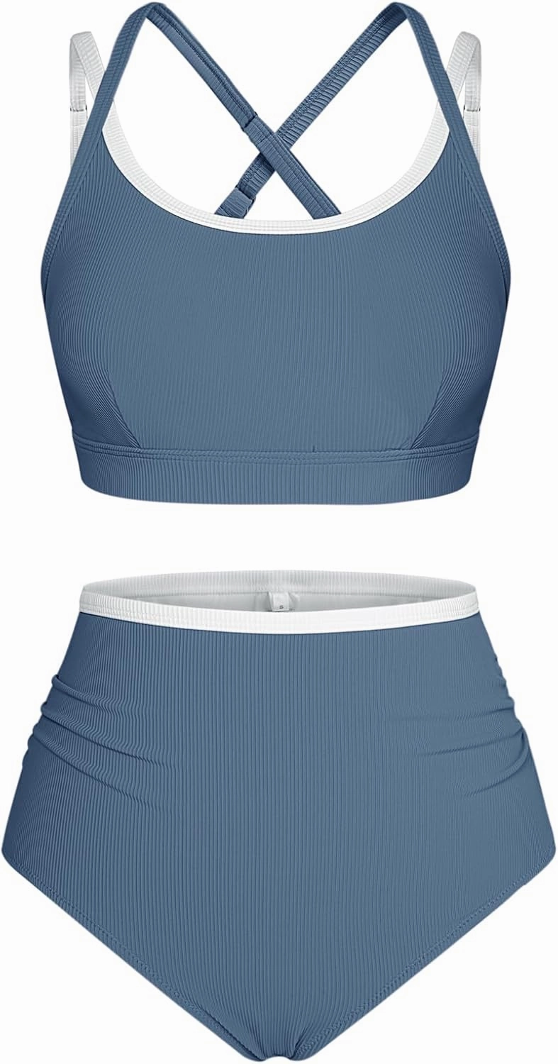 Hanna Nikole High Waisted Bikini Sets for Women Sporty Two Piece Swimsuits Color Block Cheeky High Cut Bathing Suits