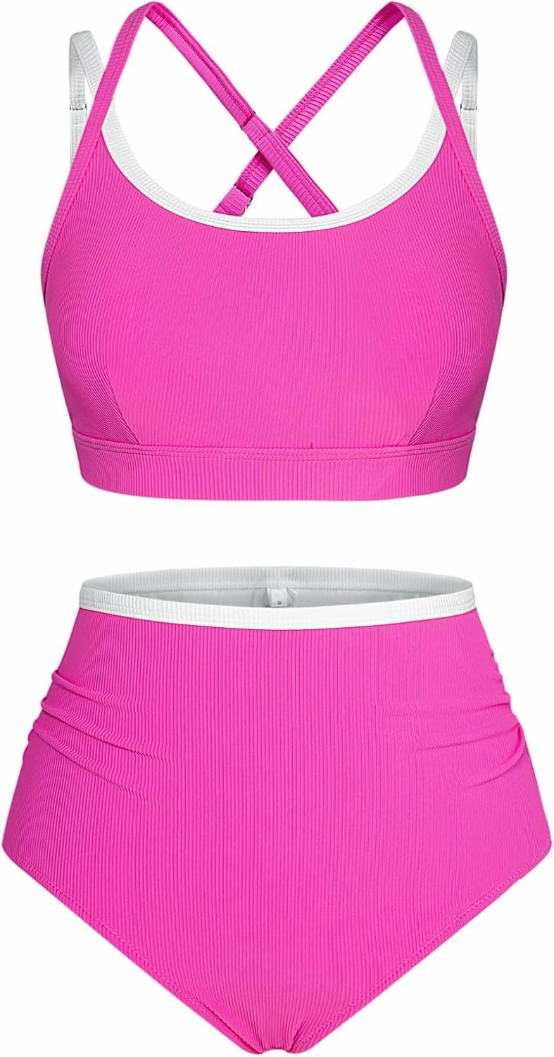 Hanna Nikole High Waisted Bikini Sets for Women Sporty Two Piece Swimsuits Color Block Cheeky High Cut Bathing Suits