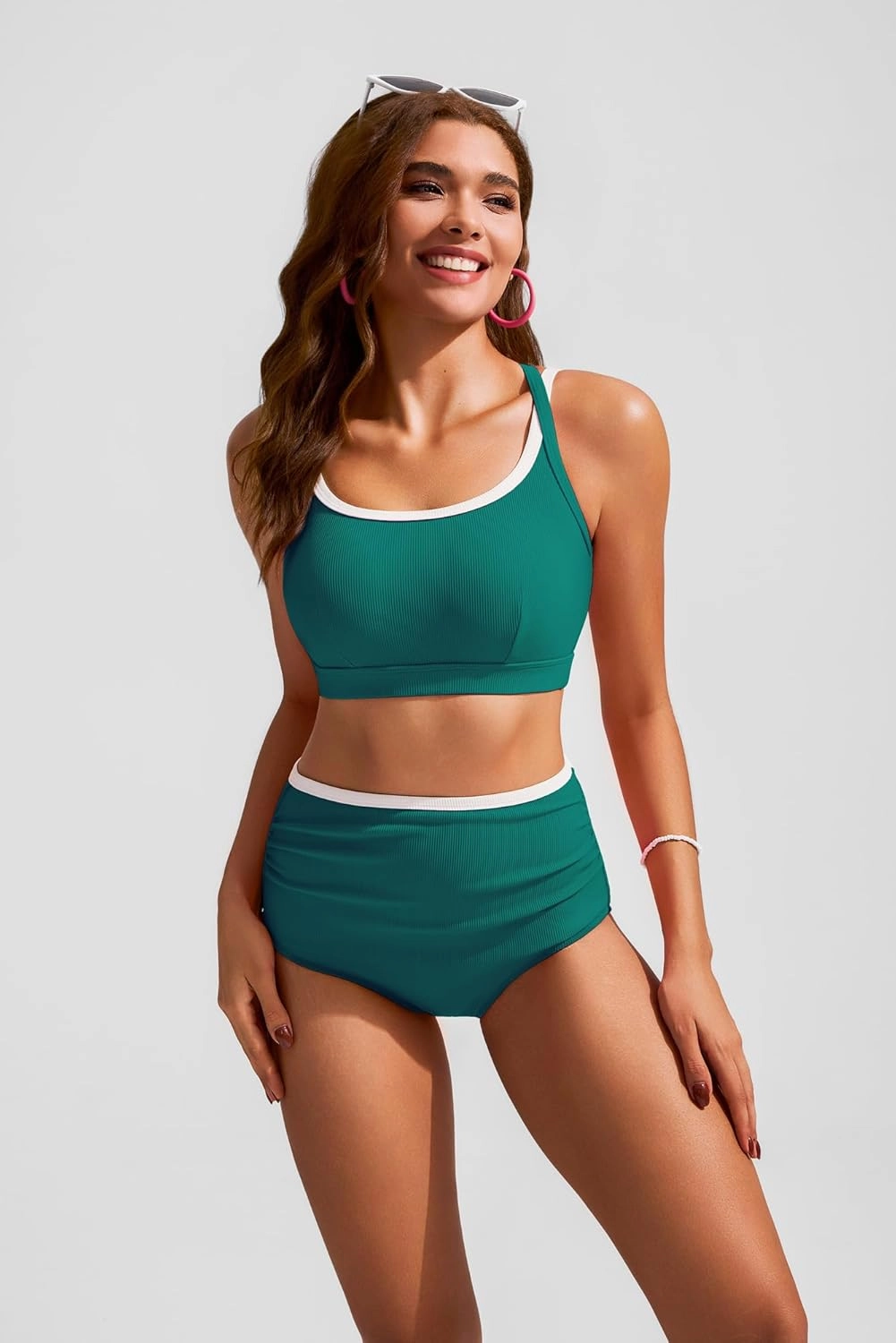 Hanna Nikole High Waisted Bikini Sets for Women Sporty Two Piece Swimsuits Color Block Cheeky High Cut Bathing Suits
