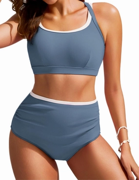 Hanna Nikole High Waisted Bikini Sets for Women Sporty Two Piece Swimsuits Color Block Cheeky High Cut Bathing Suits