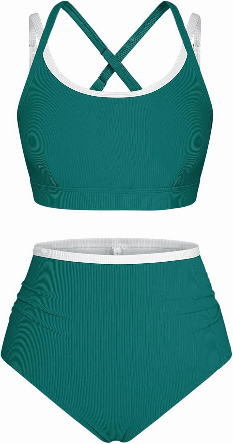 Hanna Nikole High Waisted Bikini Sets for Women Sporty Two Piece Swimsuits Color Block Cheeky High Cut Bathing Suits