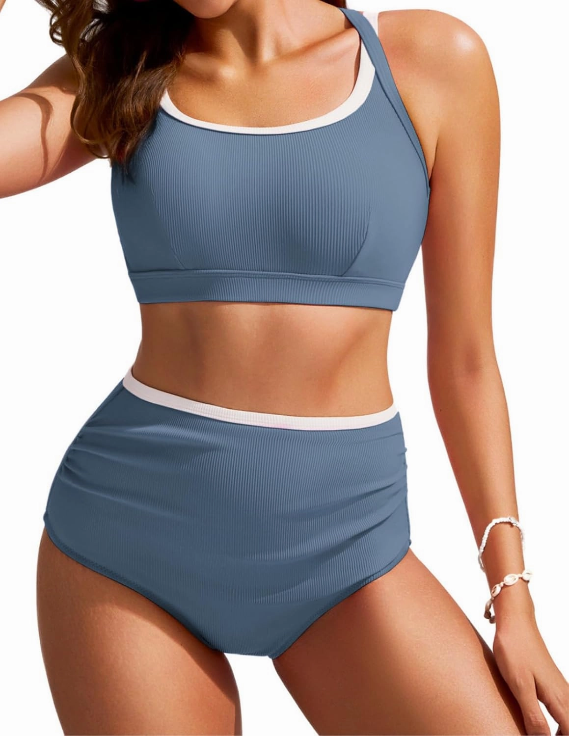 Hanna Nikole High Waisted Bikini Sets for Women Sporty Two Piece Swimsuits Color Block Cheeky High Cut Bathing Suits