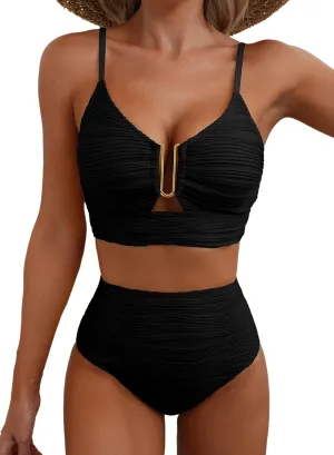 Herseas 2 Piece Bestselling Bikini Set U-Wire Cutout Swimsuit High Waisted Textured 2025 Summer Beach Swim Bathing Suits