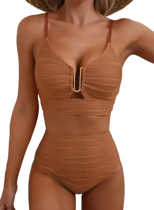 Herseas 2 Piece Bestselling Bikini Set U-Wire Cutout Swimsuit High Waisted Textured 2025 Summer Beach Swim Bathing Suits