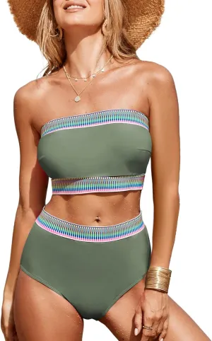 Herseas Women's 2 Pieces Bandeau Bikini Color Block Swimsuits 2025 Summer Off Shoulder High Waisted Bathing Suit