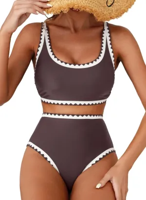 Herseas Women's Bikini Sets Floral Print Whip Stitch 2 Piece Swimsuits High Waisted Scoop Bathing Suits