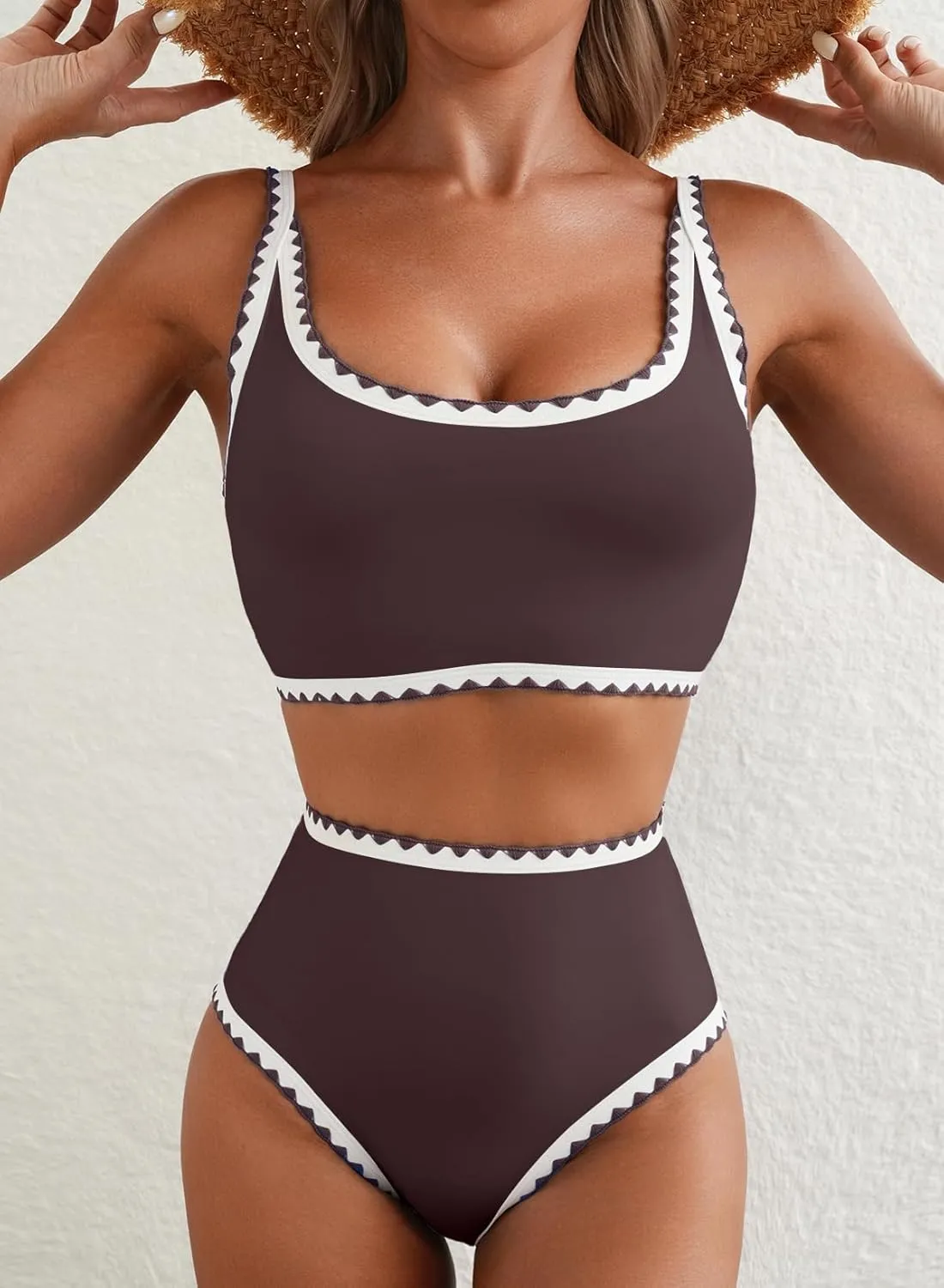 Herseas Women's Bikini Sets Floral Print Whip Stitch 2 Piece Swimsuits High Waisted Scoop Bathing Suits