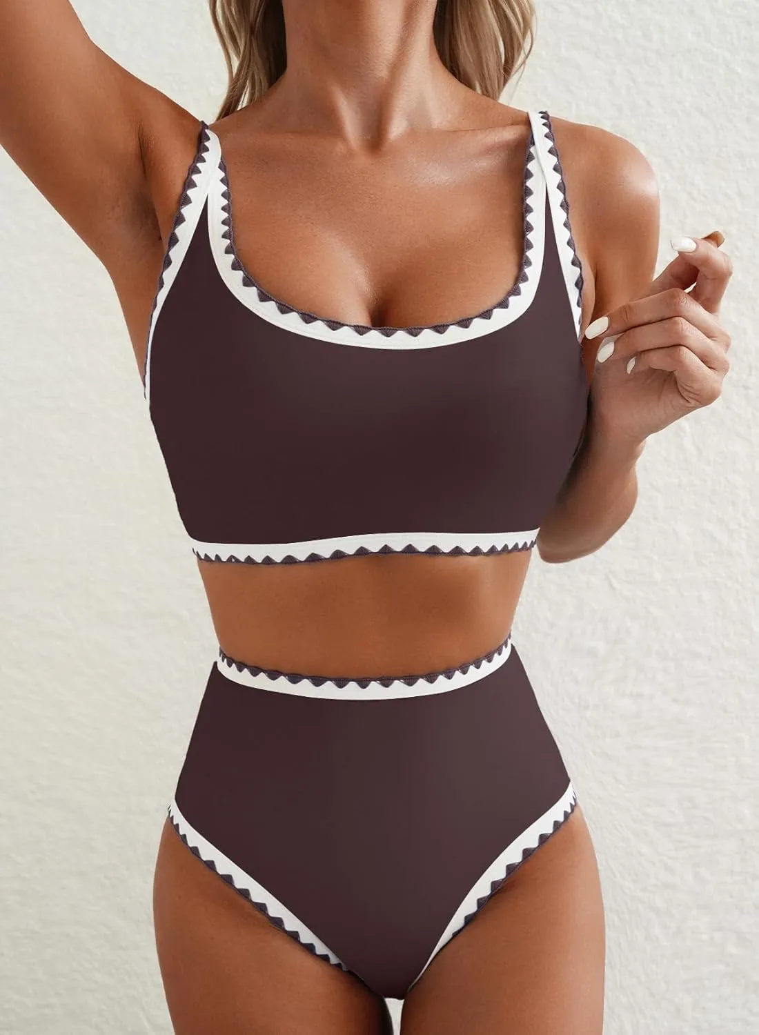 Herseas Women's Bikini Sets Floral Print Whip Stitch 2 Piece Swimsuits High Waisted Scoop Bathing Suits