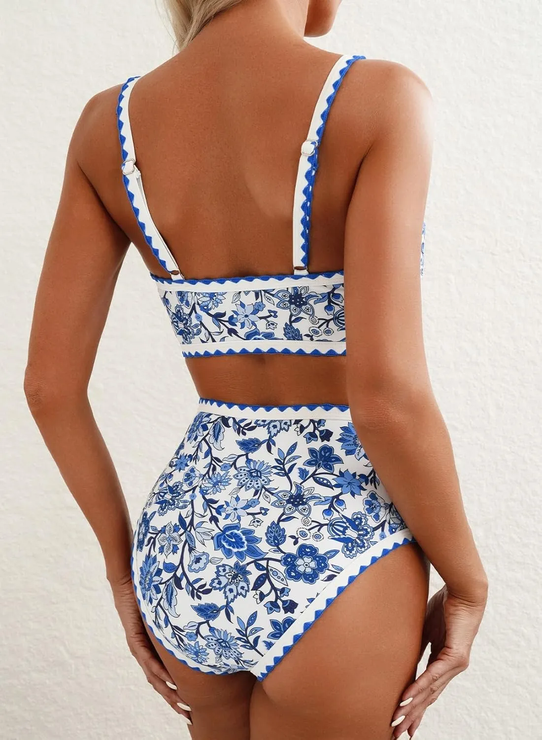 Herseas Women's Bikini Sets Floral Print Whip Stitch 2 Piece Swimsuits High Waisted Scoop Bathing Suits